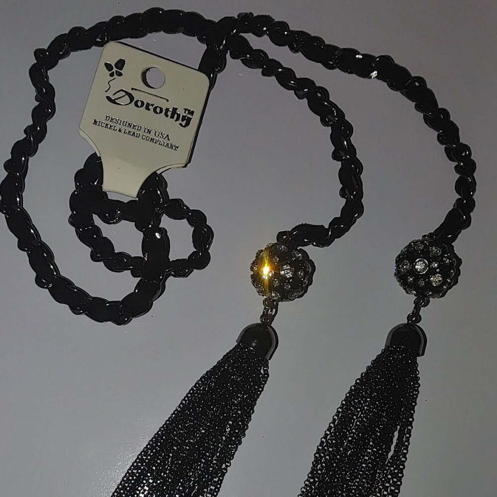 Dorothy Black Chain Lariat Necklace Crystal Bead Accents 6 Inch Tassels 28 Inch